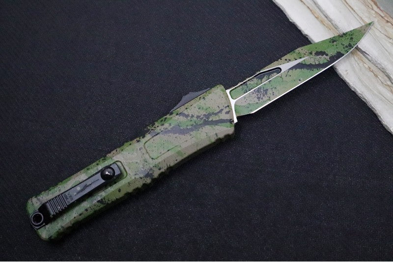 Microtech Combat Troodon OTF Gen III Signature Series - OD Green & Black Splatter Finish / Bowie Blade / OD Green & Black Splatter Aluminum Handle 1146-1ODTABKSPLS - Northwest Knives