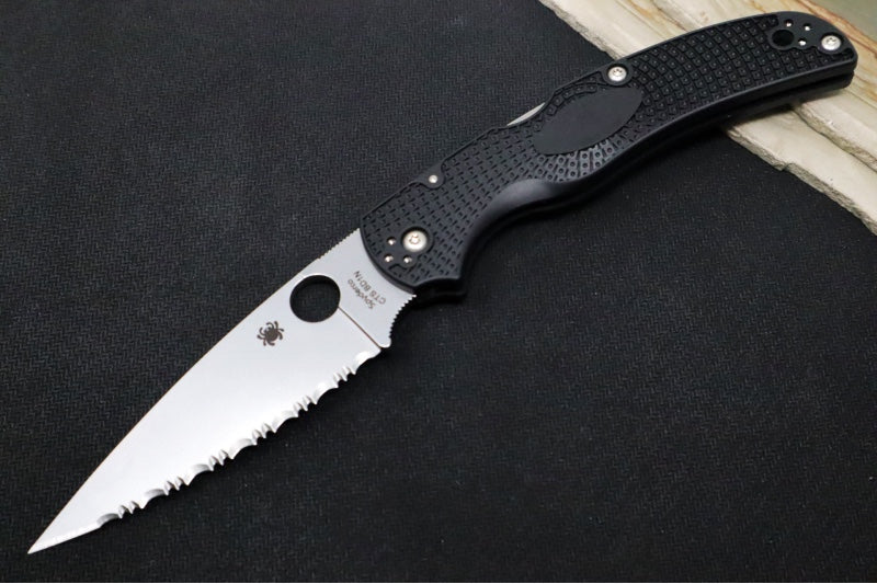 Spyderco Native Chief - Drop Point Blade with Full Serrations / Satin Finish / Black FRN Handle Scales C244SBK - Northwest Knives