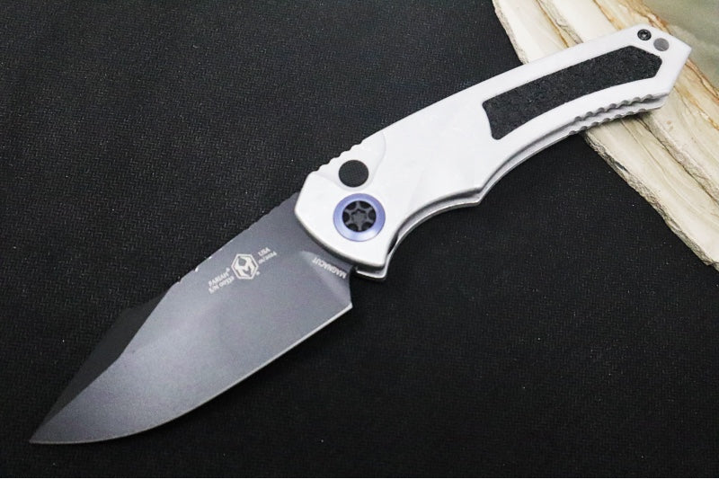 Heretic Knives Pariah Auto - Black Cerakote Finished Blade / Elmax Steel / Blizzard Aluminum Handle & Grip Tape Inlays H048-4A-BLZ - Northwest Knives