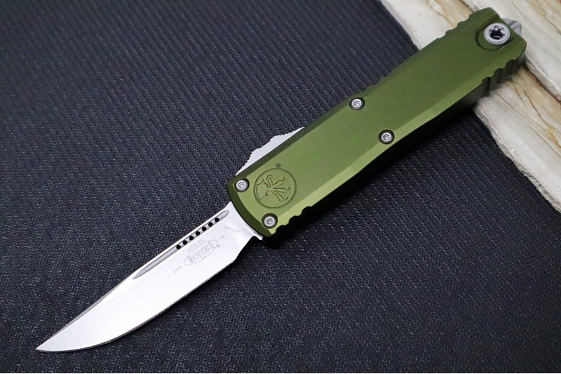 Microtech UTX-85 OTF Gen IV- Single Edge Blade / Stonewash Finish / OD Green Anodized Aluminum Handle 12314-10OD