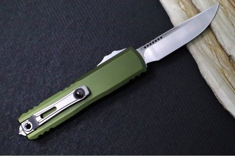Microtech UTX-85 OTF Gen IV- Single Edge Blade / Stonewash Finish / OD Green Anodized Aluminum Handle 12314-10OD