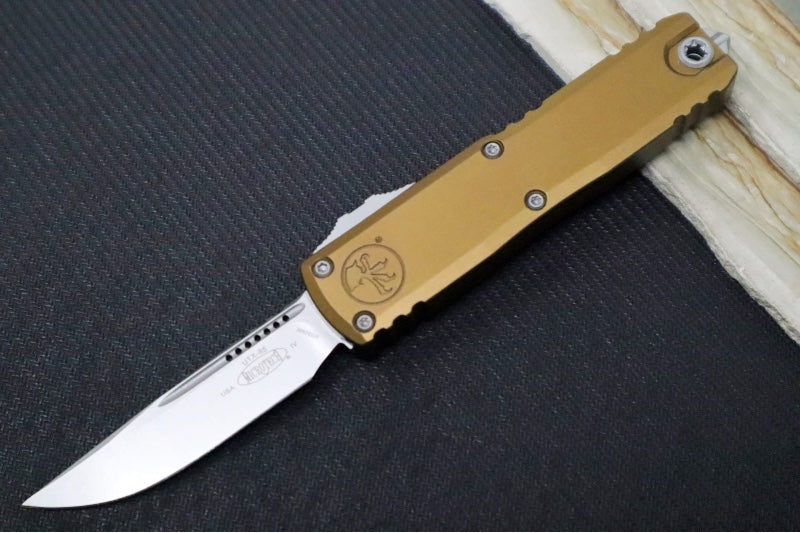 Microtech UTX-85 OTF Gen IV- Single Edge Blade / Stonewash Finish / Tan Anodized Aluminum Handle 12314-10TA - Northwest Knives