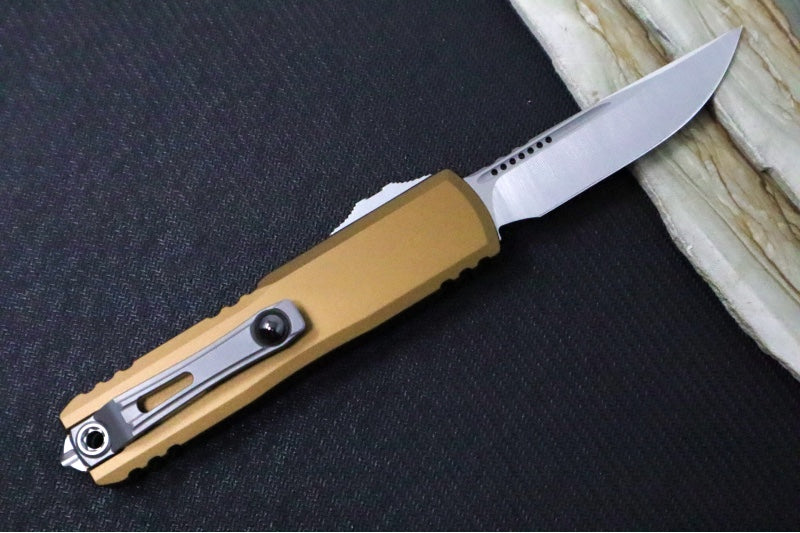 Microtech UTX-85 OTF Gen IV- Single Edge Blade / Stonewash Finish / Tan Anodized Aluminum Handle 12314-10TA