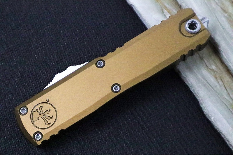 Microtech UTX-85 OTF Gen IV- Single Edge Blade / Stonewash Finish / Tan Anodized Aluminum Handle 12314-10TA