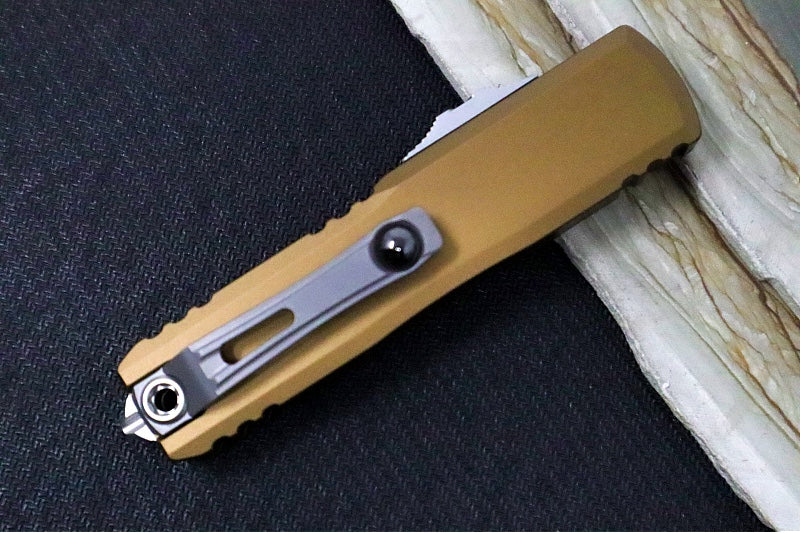 Microtech UTX-85 OTF Gen IV- Single Edge Blade / Stonewash Finish / Tan Anodized Aluminum Handle 12314-10TA