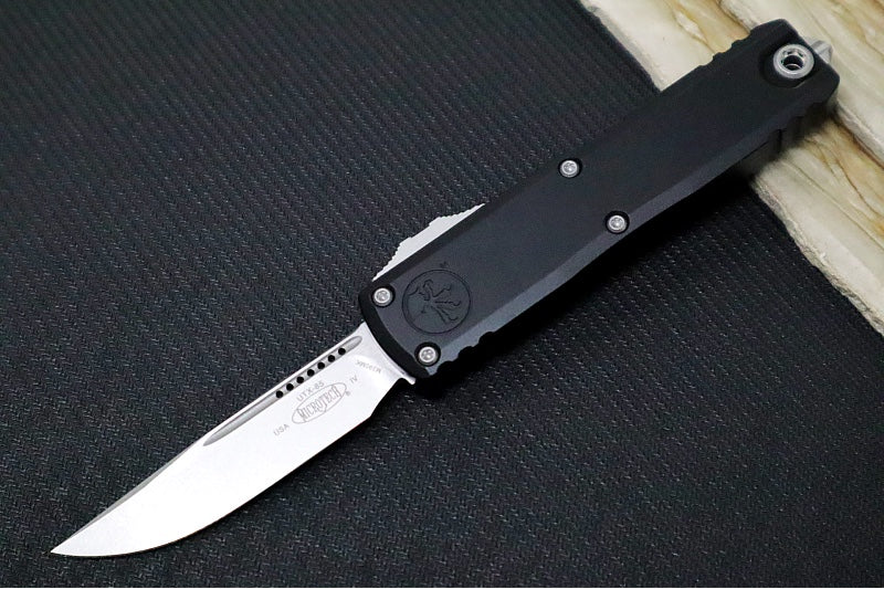 Microtech UTX-85 OTF Gen IV- Single Edge Blade / Stonewash Finish / Black Anodized Aluminum Handle 12314-10
