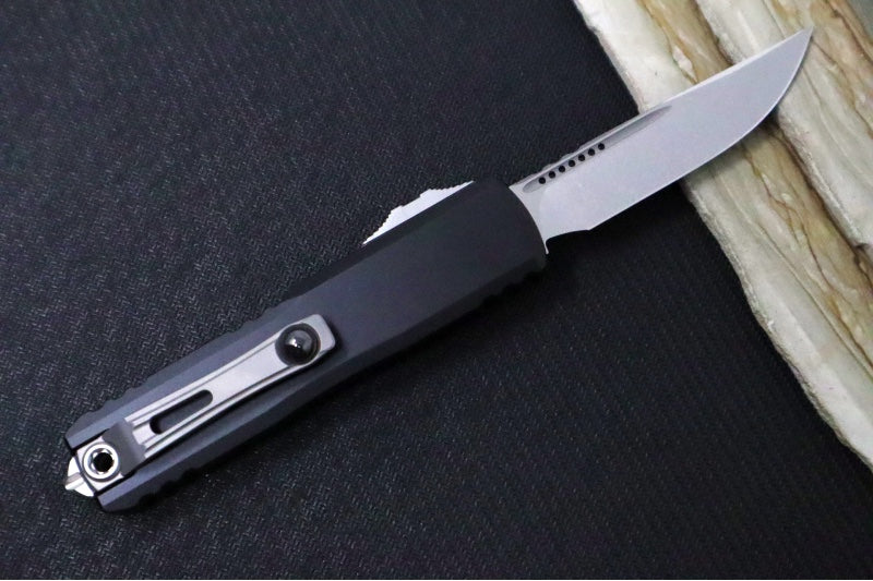 Microtech UTX-85 OTF Gen IV- Single Edge Blade / Stonewash Finish / Black Anodized Aluminum Handle 12314-10