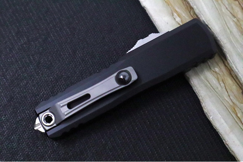 Microtech UTX-85 OTF Gen IV- Single Edge Blade / Stonewash Finish / Black Anodized Aluminum Handle 12314-10 - Northwest Knives