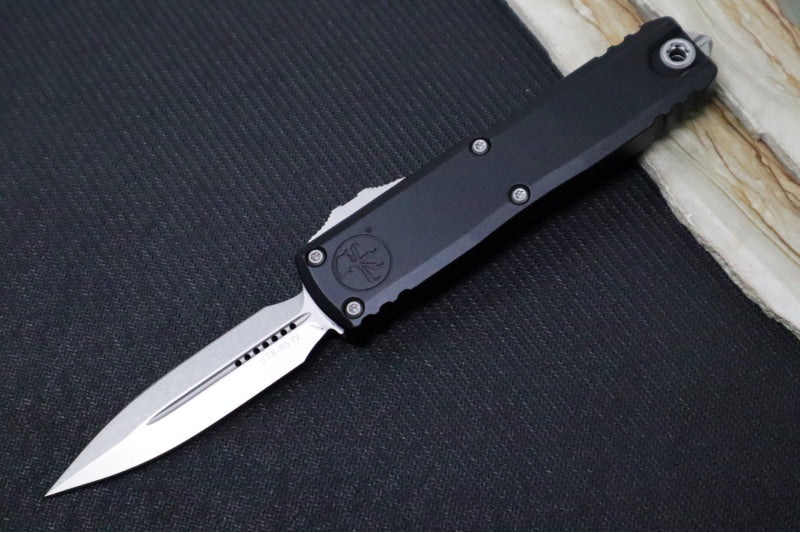 Microtech UTX-85 OTF Gen IV- Dagger Blade / Stonewashed Finish / Black Anodized Aluminum Handle 12324-10