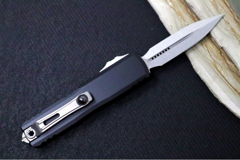 Microtech UTX-85 OTF Gen IV- Dagger Blade / Stonewashed Finish / Black Anodized Aluminum Handle 12324-10
