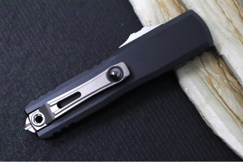 Microtech UTX-85 OTF Gen IV- Dagger Blade / Stonewashed Finish / Black Anodized Aluminum Handle 12324-10