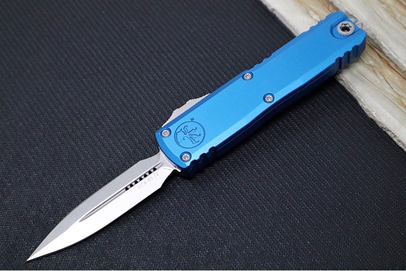 Microtech UTX-85 OTF Gen IV- Dagger Blade / Stonewashed Finish / Blue Anodized Aluminum Handle 12324-10BL