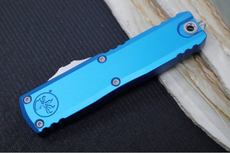 Microtech UTX-85 OTF Gen IV- Dagger Blade / Stonewashed Finish / Blue Anodized Aluminum Handle 12324-10BL