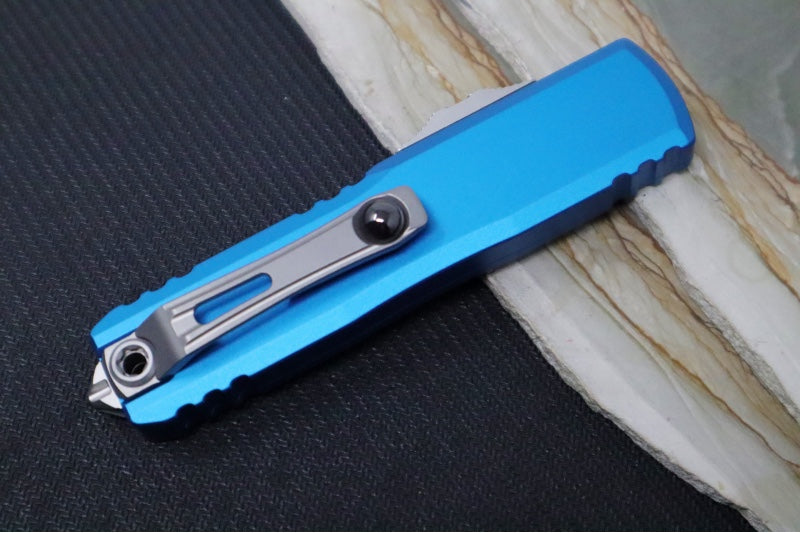 Microtech UTX-85 OTF Gen IV- Dagger Blade / Stonewashed Finish / Blue Anodized Aluminum Handle 12324-10BL