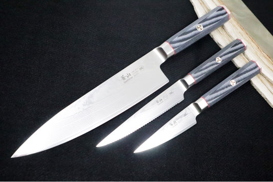 Cangshan Cutlery YARI Series 3pc Starter Knife Set - Forged X-7 Damascus - Ashwood Storage Box 501356