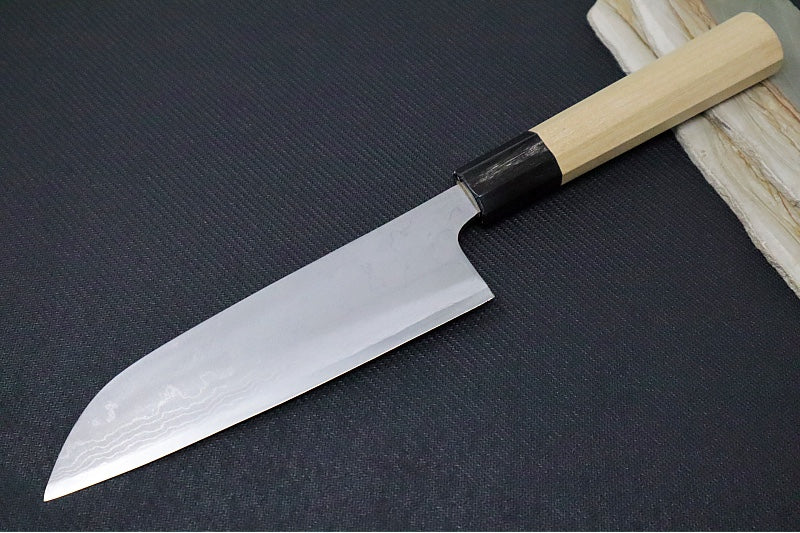 Kikuichi of Japan SW Carbon Series - 7" Santoku Knife Limited Edition - White #1 Carbon Damascus - Japanese Magnolia Handle - Handcrafted in Nara Japan