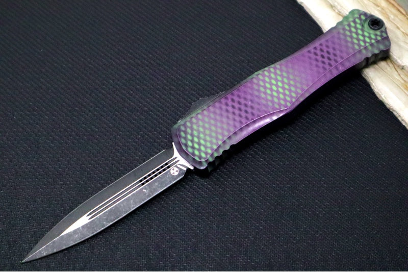 Microtech Hera II OTF X-51 - Double Edge / Darkwashed Apocalyptic Finished Blade / Purple X-51 Patterned Anodized Aluminum Handle 1702-1PUX51S