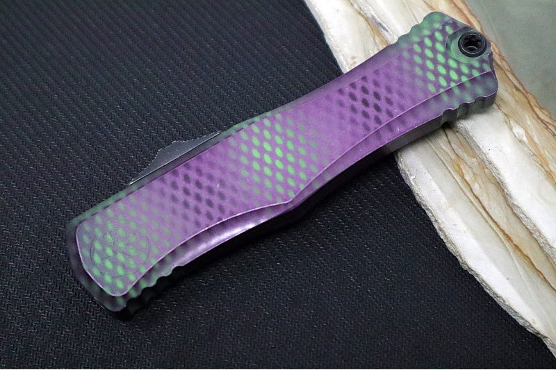Microtech Hera II OTF X-51 - Double Edge / Darkwashed Apocalyptic Finished Blade / Purple X-51 Patterned Anodized Aluminum Handle 1702-1PUX51S