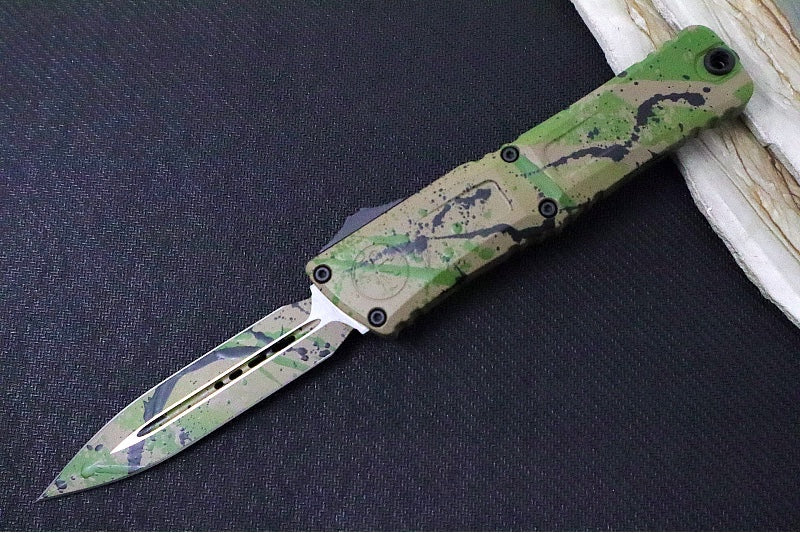 Microtech Combat Troodon OTF Gen III Signature Series - OD Green & Black Splatter Finish / Dagger Blade / OD Green & Black Splatter Aluminum Handle 1142-1ODTABKSPLS