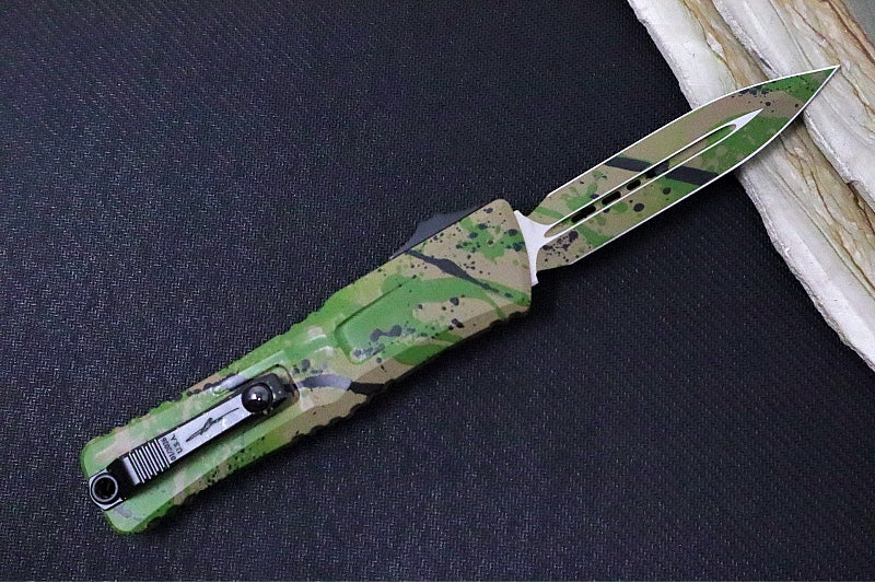 Microtech Combat Troodon OTF Gen III Signature Series - OD Green & Black Splatter Finish / Dagger Blade / OD Green & Black Splatter Aluminum Handle 1142-1ODTABKSPLS