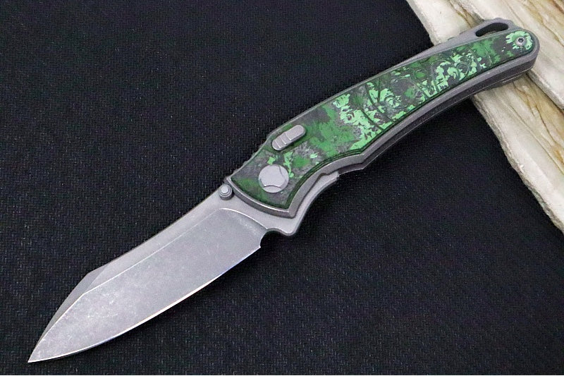 Hawk Knife Designs Talon Button Lock Flipper - Jungle Carbon Fiber Inlay & Tumbled Titanium Handle / M390 Steel / Tumbled Finish / Sheepsfoot Blade - Northwest Knives