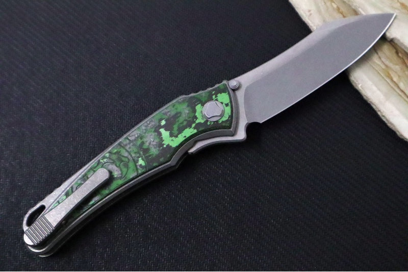 Hawk Knife Designs Talon Button Lock Flipper - Jungle Carbon Fiber Inlay & Tumbled Titanium Handle / M390 Steel / Tumbled Finish / Sheepsfoot Blade - Northwest Knives