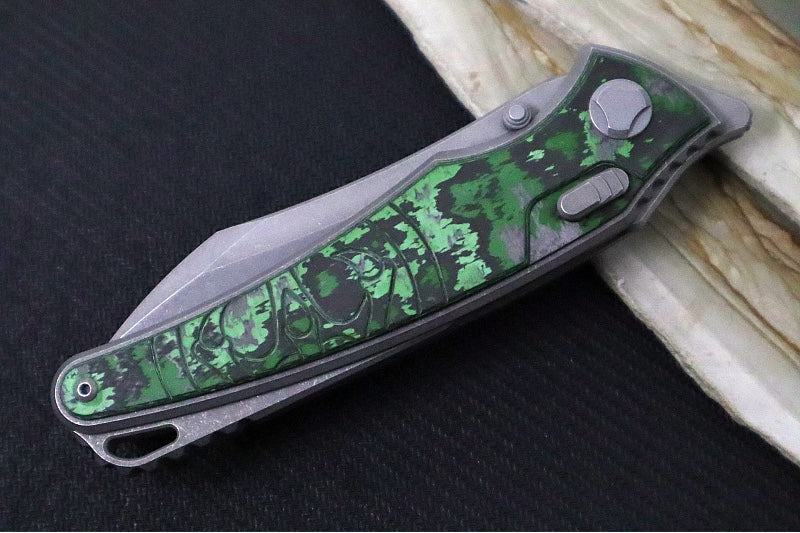Hawk Knife Designs Talon Button Lock Flipper - Jungle Carbon Fiber Inlay & Tumbled Titanium Handle / M390 Steel / Tumbled Finish / Sheepsfoot Blade - Northwest Knives