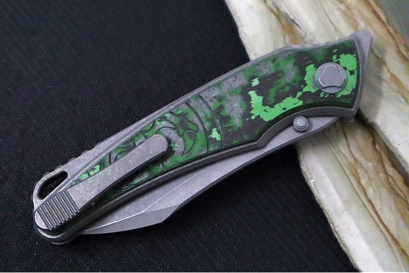 Hawk Knife Designs Talon Button Lock Flipper - Jungle Carbon Fiber Inlay & Tumbled Titanium Handle / M390 Steel / Tumbled Finish / Sheepsfoot Blade - Northwest Knives