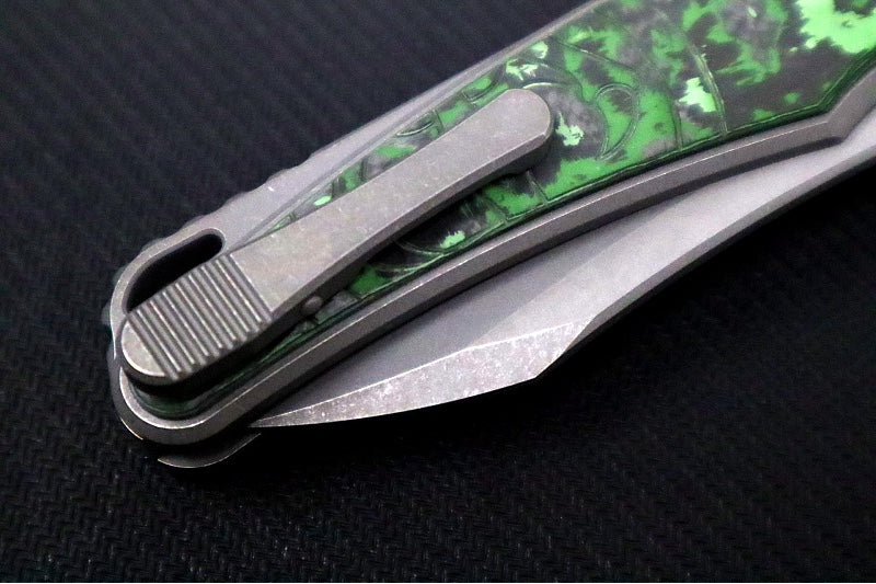 Hawk Knife Designs Talon Button Lock Flipper - Jungle Carbon Fiber Inlay & Tumbled Titanium Handle / M390 Steel / Tumbled Finish / Sheepsfoot Blade - Northwest Knives
