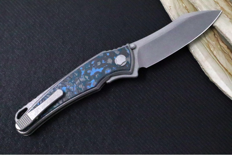 Hawk Knife Designs Talon Button Lock Flipper - Arctic Carbon Fiber Inlay & Tumbled Titanium Handle / M390 Steel / Tumbled Finish / Sheepsfoot Blade - Northwest Knives