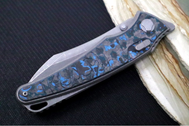 Hawk Knife Designs Talon Button Lock Flipper - Arctic Carbon Fiber Inlay & Tumbled Titanium Handle / M390 Steel / Tumbled Finish / Sheepsfoot Blade - Northwest Knives