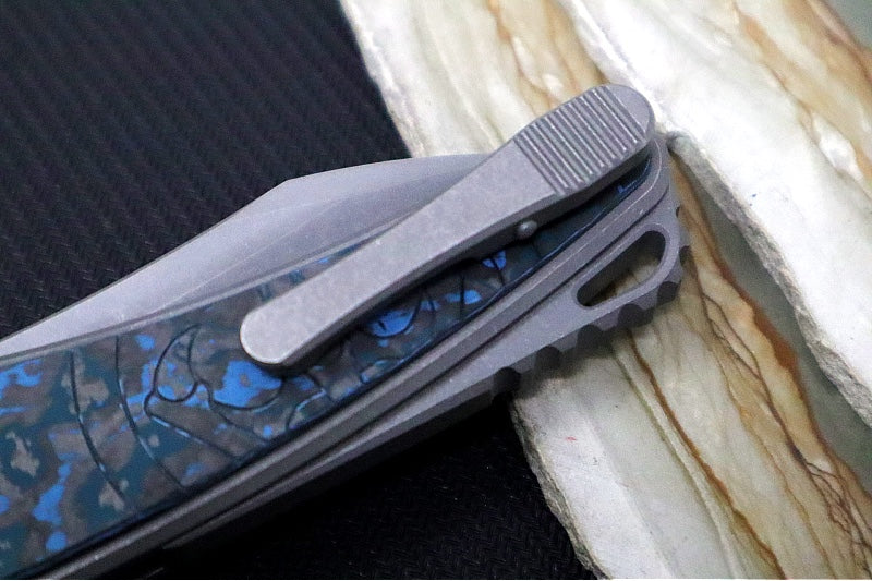 Hawk Knife Designs Talon Button Lock Flipper - Arctic Carbon Fiber Inlay & Tumbled Titanium Handle / M390 Steel / Tumbled Finish / Sheepsfoot Blade - Northwest Knives