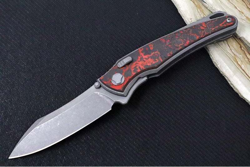 Hawk Knife Designs Talon Button Lock Flipper - Lava Carbon Fiber Inlay & Tumbled Titanium Handle / M390 Steel / Tumbled Finish / Sheepsfoot Blade - Northwest Knives