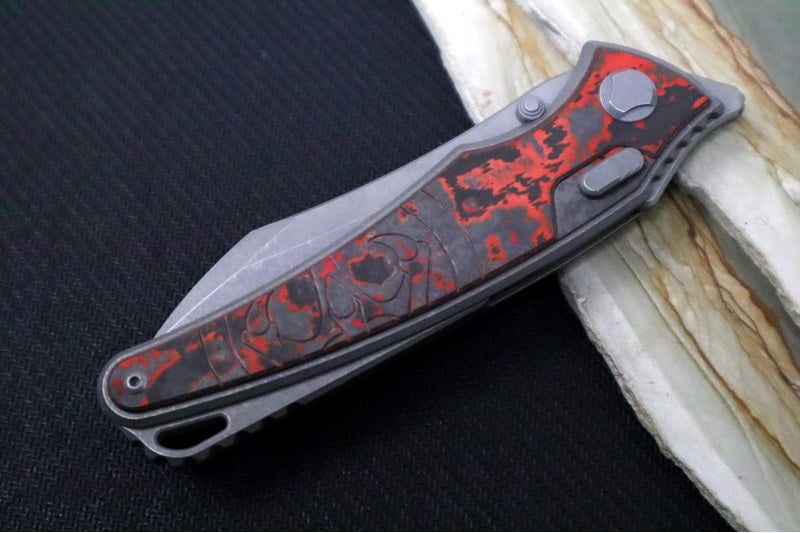Hawk Knife Designs Talon Button Lock Flipper - Lava Carbon Fiber Inlay & Tumbled Titanium Handle / M390 Steel / Tumbled Finish / Sheepsfoot Blade - Northwest Knives