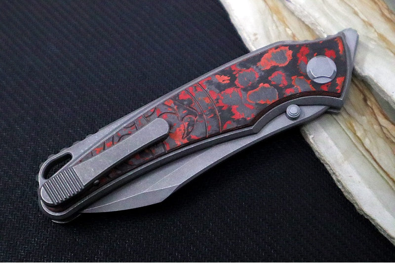 Hawk Knife Designs Talon Button Lock Flipper - Lava Carbon Fiber Inlay & Tumbled Titanium Handle / M390 Steel / Tumbled Finish / Sheepsfoot Blade - Northwest Knives