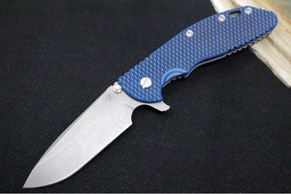 Rick Hinderer Knives XM-24 - 4" Spearpoint Blade / CPM-S45VN / Black & Blue G-10 / Working Finish Titanium Frame