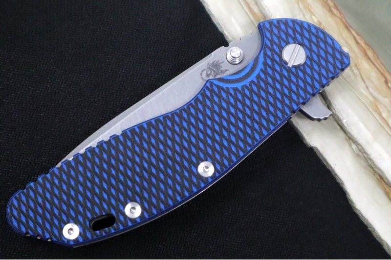 Rick Hinderer Knives XM-24 - 4" Spearpoint Blade / CPM-S45VN / Black & Blue G-10 / Working Finish Titanium Frame