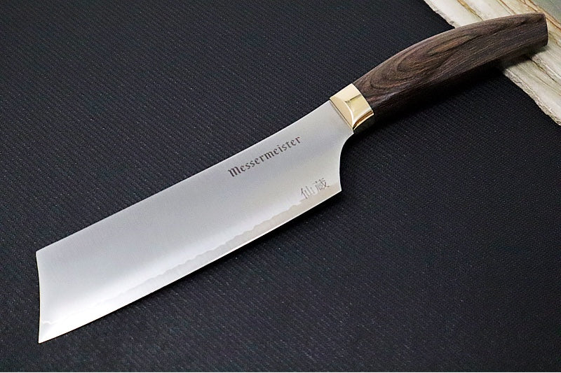 Messermeister Kawashima Series - 6.5" Nakiri Knife - Takefu San Mai Blade - Powdered SG2 Steel - Walnut Pakkawood Handle - Made in Seki City, Japan
