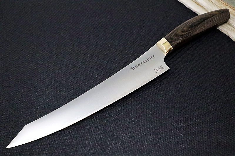 Messermeister Kawashima Series - 10" Slicer Knife - Takefu San Mai Blade - Powdered SG2 Steel - Walnut Pakkawood Handle - Made in Seki City, Japan