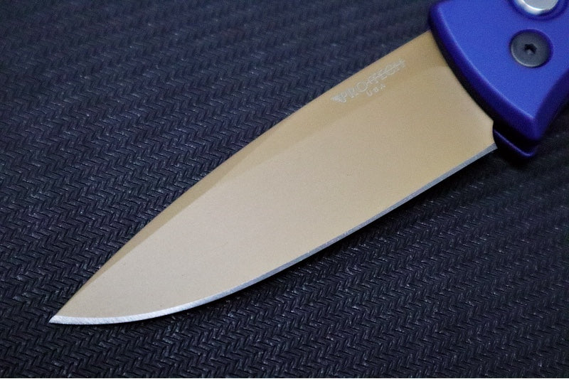 Pro Tech Duke 2 Auto Limited Heritage - Tan PVD Finished Blade / CPM-Magnacut Steel / Black Lip Pearl Push Button / Dark Navy Blue Anodized Aluminum Handle / Black Hardware & Clip DUKE2103-LTDHERITAGE - Northwest Knives