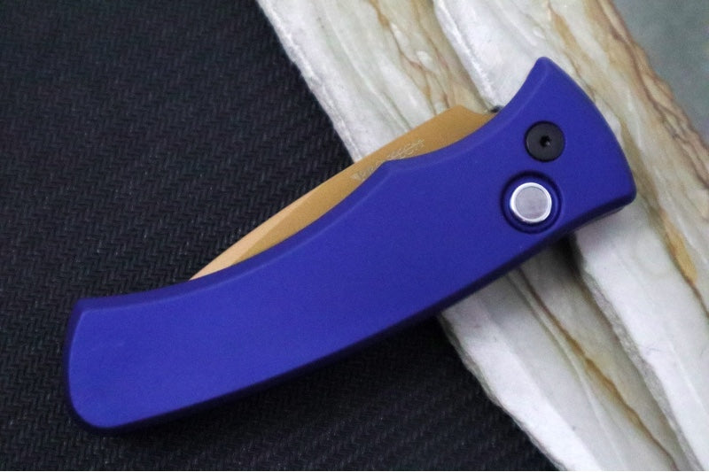 Pro Tech Duke 2 Auto Limited Heritage - Tan PVD Finished Blade / CPM-Magnacut Steel / Black Lip Pearl Push Button / Dark Navy Blue Anodized Aluminum Handle / Black Hardware & Clip DUKE2103-LTDHERITAGE - Northwest Knives