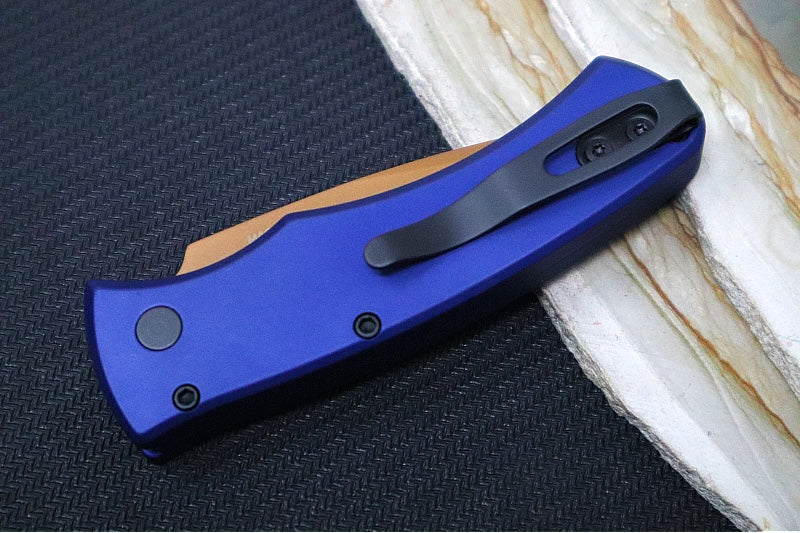 Pro Tech Duke 2 Auto Limited Heritage - Tan PVD Finished Blade / CPM-Magnacut Steel / Black Lip Pearl Push Button / Dark Navy Blue Anodized Aluminum Handle / Black Hardware & Clip DUKE2103-LTDHERITAGE - Northwest Knives