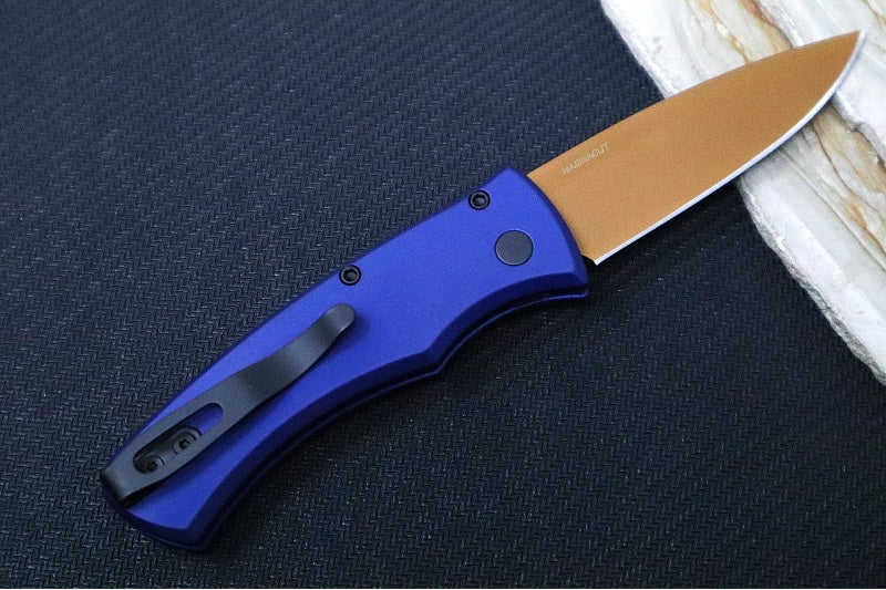 Pro Tech Duke 2 Auto Limited Heritage - Tan PVD Finished Blade / CPM-Magnacut Steel / Black Lip Pearl Push Button / Dark Navy Blue Anodized Aluminum Handle / Black Hardware & Clip DUKE2103-LTDHERITAGE - Northwest Knives