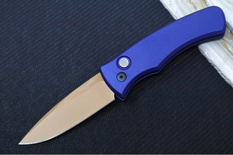 Pro Tech Duke 2 Auto Limited Heritage - Tan PVD Finished Blade / CPM-Magnacut Steel / Black Lip Pearl Push Button / Dark Navy Blue Anodized Aluminum Handle / Black Hardware & Clip DUKE2103-LTDHERITAGE - Northwest Knives