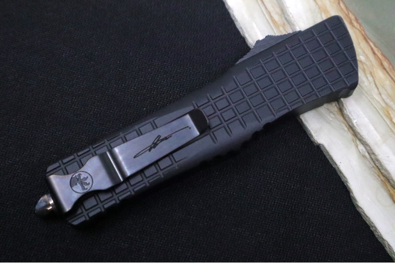 Microtech Signature Series Combat Troodon OTF - Black DLC Blade / Full Serrated Double Edge Dagger / Black Frag Aluminum Handle / Nickel Boron Internals - 142-3CT-DHS