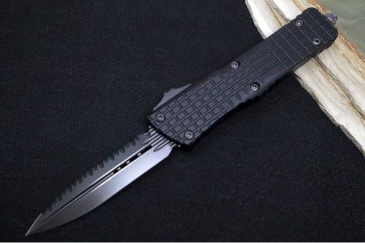 Microtech Signature Series Combat Troodon OTF - Black DLC Blade / Full Serrated Double Edge Dagger / Black Frag Aluminum Handle / Nickel Boron Internals - 142-3CT-DHS