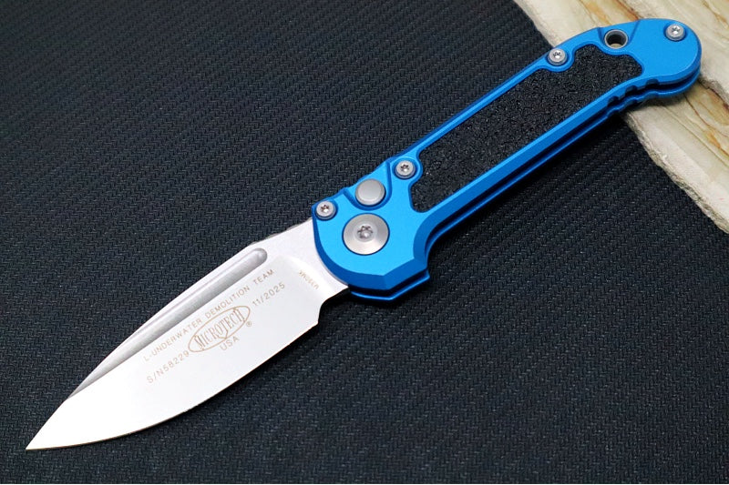 Microtech L.U.D.T Gen III - Stonewashed Finish / Drop Point Blade / Blue Aluminum Handle & Black Traction Tape Inlay - 1135-10BL - Northwest Knives