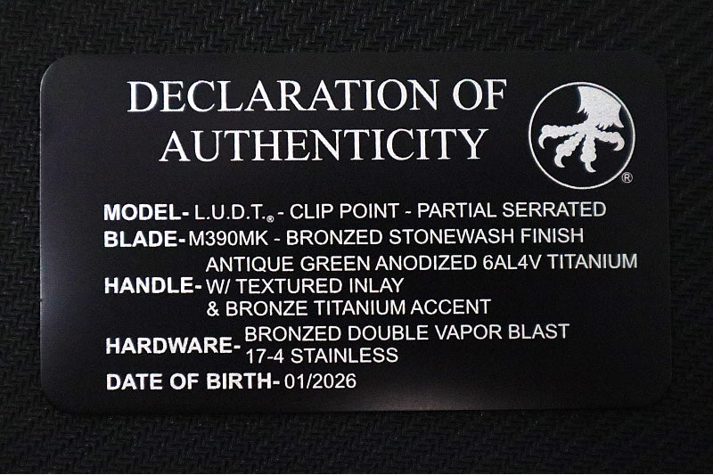 Microtech L.U.D.T Gen III Signature Series - Bronzed Stonewasdh Finish / Partially Serrated Clip Point Blade / Antique Green Anodized Titanium Handle & Textured Inlay / Bronzed Double Vapor Blasted Stainless Hardware - 1135-14MS3 - Northwest Knives