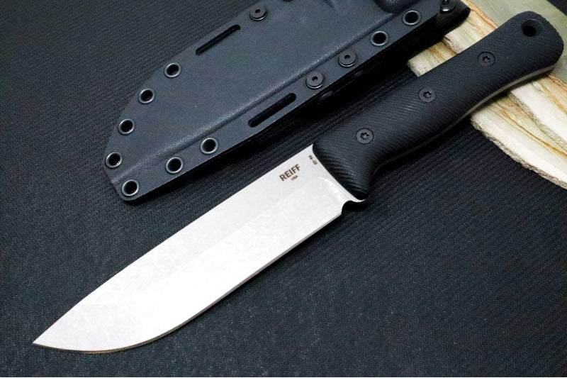 Reiff Knives F6 GEN2 Fixed Blade - Black Canvas Micarta Handle / CPM-3V Steel / Stonewashed Drop Point Blade / Black Kydex Sheath - Northwest Knives