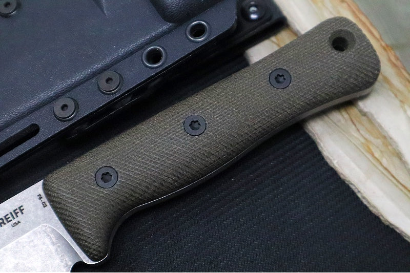 Reiff Knives F6 GEN2 Fixed Blade - Green Canvas Micarta Handle / CPM-3V Steel / Stonewashed Drop Point Blade / Black Kydex Sheath - Northwest Knives